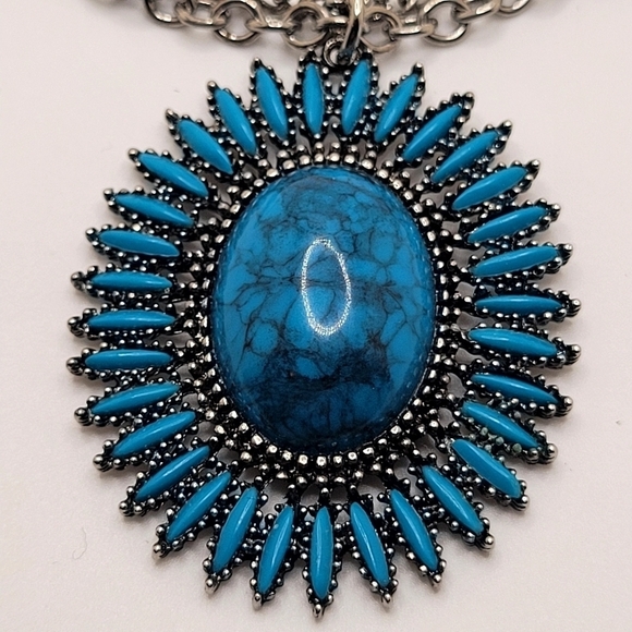 ESilver Medallion Necklace Crown Long Faux Turquoise - Picture 2 of 5